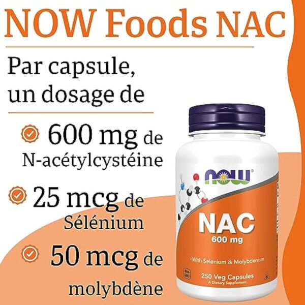 Now Foods, NAC (N-Acétyl Cystéine), 600mg Dépôt de 3 Jours, Complément Alimentaire, 250 Capsules végétaliennes, Testé en Laboratoire, Sans Soja, Sans Gluten, Sans OGM – Image 6