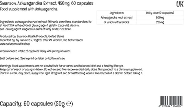 Swanson, Ashwagandha Extract (Extrait d'Ashwagandha), 450mg, Standardisé en Withanolide, 60 Capsules, Testé en Laboratoire, Sans Soja, Sans Gluten, Sans OGM – Image 4