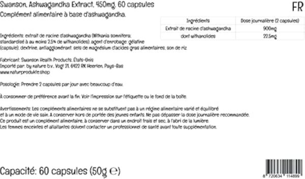 Swanson, Ashwagandha Extract (Extrait d'Ashwagandha), 450mg, Standardisé en Withanolide, 60 Capsules, Testé en Laboratoire, Sans Soja, Sans Gluten, Sans OGM – Image 5