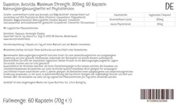 Swanson, Avovida, Maximum Strength, 300mg, avec Phytostérols, 60 Capsules, Testé en Laboratoire, Sans Gluten, Sans OGM – Image 3