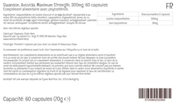 Swanson, Avovida, Maximum Strength, 300mg, avec Phytostérols, 60 Capsules, Testé en Laboratoire, Sans Gluten, Sans OGM – Image 5