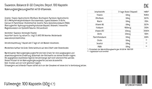 Swanson, Balance B-50 Complex, Vitamine B-Complex, Dépôt, Tous les 2 Jours 1 Capsule, 100 Capsules, Haute Dosé, Testé en Laboratoire, Sans Soja, Sans Gluten, Sans OGM – Image 3