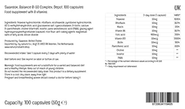 Swanson, Balance B-50 Complex, Vitamine B-Complex, Dépôt, Tous les 2 Jours 1 Capsule, 100 Capsules, Haute Dosé, Testé en Laboratoire, Sans Soja, Sans Gluten, Sans OGM – Image 4