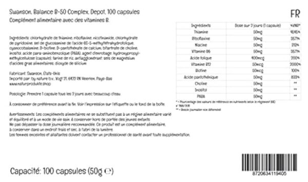 Swanson, Balance B-50 Complex, Vitamine B-Complex, Dépôt, Tous les 2 Jours 1 Capsule, 100 Capsules, Haute Dosé, Testé en Laboratoire, Sans Soja, Sans Gluten, Sans OGM – Image 5