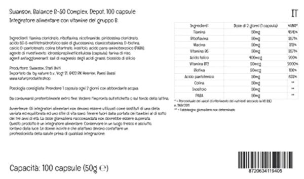 Swanson, Balance B-50 Complex, Vitamine B-Complex, Dépôt, Tous les 2 Jours 1 Capsule, 100 Capsules, Haute Dosé, Testé en Laboratoire, Sans Soja, Sans Gluten, Sans OGM – Image 6