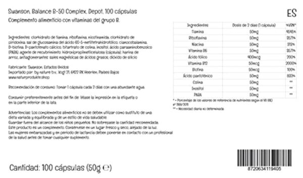 Swanson, Balance B-50 Complex, Vitamine B-Complex, Dépôt, Tous les 2 Jours 1 Capsule, 100 Capsules, Haute Dosé, Testé en Laboratoire, Sans Soja, Sans Gluten, Sans OGM – Image 7