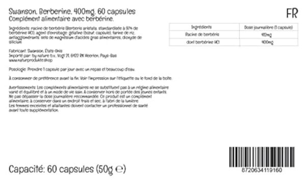 Swanson, Berberine, 400mg, Berberis Aristata, 60 Capsules, Testé en Laboratoire, Sans Soja, Sans Gluten, Sans OGM – Image 5