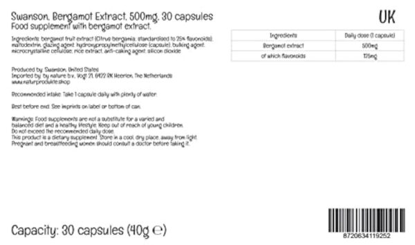 Swanson, Bergamot Extract (Extrait de Bergamote), 500mg, 30 Capsules végétaliennes, Testé en Laboratoire, Végétarien, Sans Soja, Sans Gluten, Sans OGM – Image 4