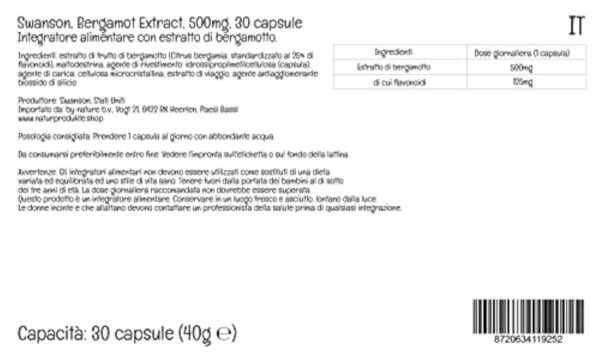 Swanson, Bergamot Extract (Extrait de Bergamote), 500mg, 30 Capsules végétaliennes, Testé en Laboratoire, Végétarien, Sans Soja, Sans Gluten, Sans OGM – Image 6