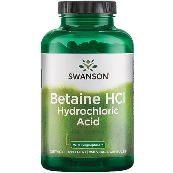 Swanson, Betain HCl with VegPeptase, (Chlorhydrate de Bétaïne avec Pepsine), 250 Capsules, Hautement Dosé, Testé en Laboratoire, Sans Soja, Sans Gluten, Sans OGM