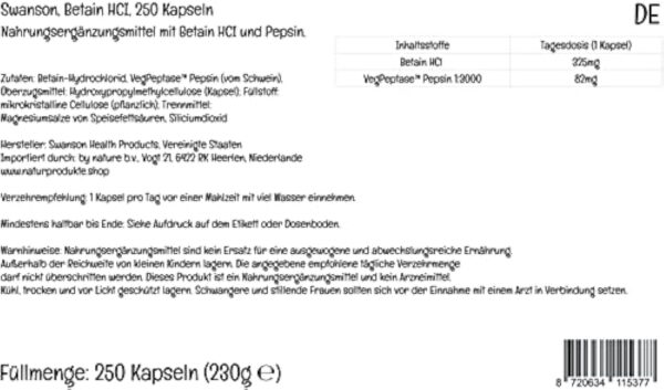 Swanson, Betain HCl with VegPeptase, (Chlorhydrate de Bétaïne avec Pepsine), 250 Capsules, Hautement Dosé, Testé en Laboratoire, Sans Soja, Sans Gluten, Sans OGM – Image 3