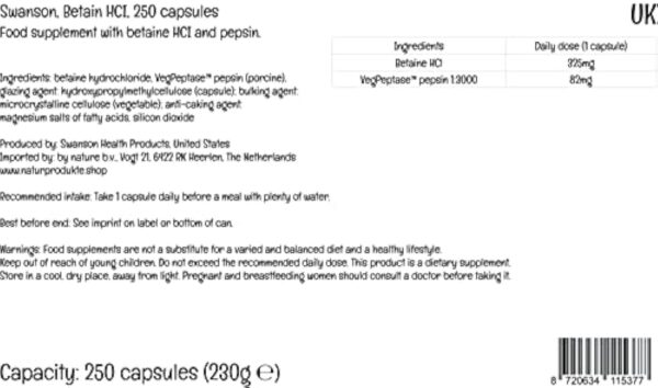 Swanson, Betain HCl with VegPeptase, (Chlorhydrate de Bétaïne avec Pepsine), 250 Capsules, Hautement Dosé, Testé en Laboratoire, Sans Soja, Sans Gluten, Sans OGM – Image 4