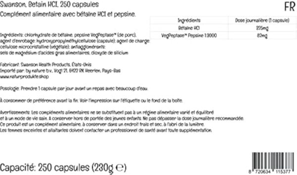 Swanson, Betain HCl with VegPeptase, (Chlorhydrate de Bétaïne avec Pepsine), 250 Capsules, Hautement Dosé, Testé en Laboratoire, Sans Soja, Sans Gluten, Sans OGM – Image 5