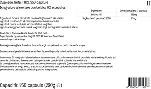 Swanson, Betain HCl with VegPeptase, (Chlorhydrate de Bétaïne avec Pepsine), 250 Capsules, Hautement Dosé, Testé en Laboratoire, Sans Soja, Sans Gluten, Sans OGM – Image 6