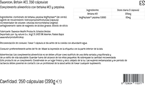 Swanson, Betain HCl with VegPeptase, (Chlorhydrate de Bétaïne avec Pepsine), 250 Capsules, Hautement Dosé, Testé en Laboratoire, Sans Soja, Sans Gluten, Sans OGM – Image 7