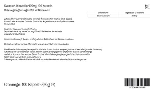 Swanson, Boswellia, 400mg, Résine d'Encens, Boswellia Serrata, 100 Capsules, Testé en Laboratoire, Sans Soja, Sans Gluten, Sans OGM – Image 3