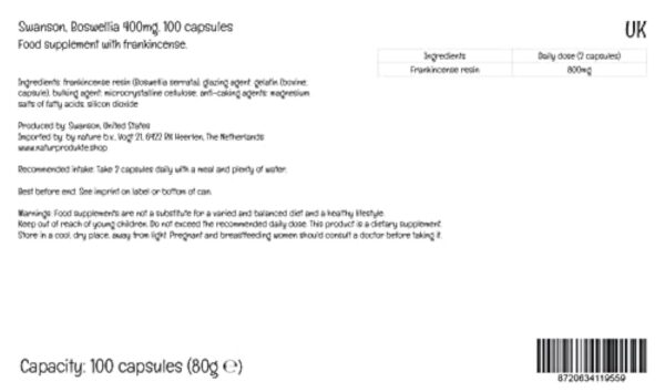 Swanson, Boswellia, 400mg, Résine d'Encens, Boswellia Serrata, 100 Capsules, Testé en Laboratoire, Sans Soja, Sans Gluten, Sans OGM – Image 4