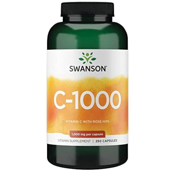 Swanson, C-1000, Vitamine C (Acide Ascorbique), 1000mg, avec Églantier, 250 Capsules, Hautement Dosé, Testé en Laboratoire, Sans Soja, Sans Gluten, Sans OGM