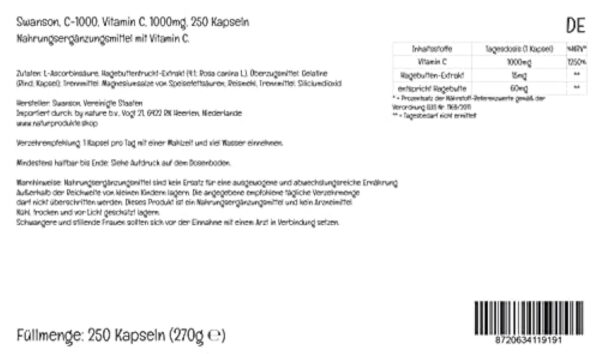 Swanson, C-1000, Vitamine C (Acide Ascorbique), 1000mg, avec Églantier, 250 Capsules, Hautement Dosé, Testé en Laboratoire, Sans Soja, Sans Gluten, Sans OGM – Image 3