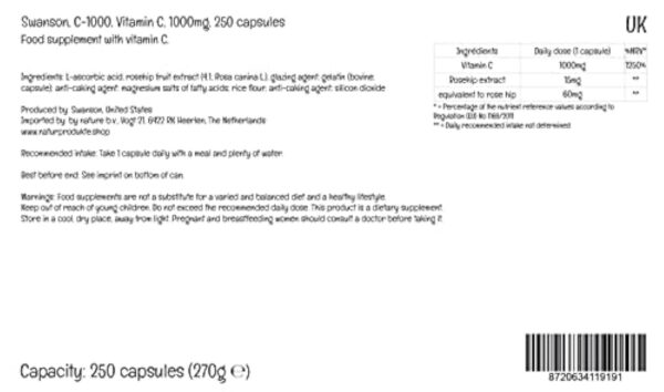 Swanson, C-1000, Vitamine C (Acide Ascorbique), 1000mg, avec Églantier, 250 Capsules, Hautement Dosé, Testé en Laboratoire, Sans Soja, Sans Gluten, Sans OGM – Image 4