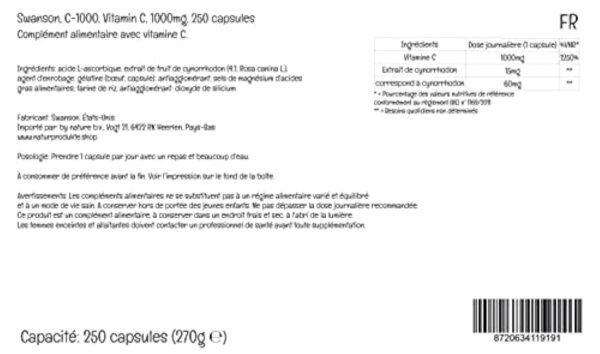 Swanson, C-1000, Vitamine C (Acide Ascorbique), 1000mg, avec Églantier, 250 Capsules, Hautement Dosé, Testé en Laboratoire, Sans Soja, Sans Gluten, Sans OGM – Image 5