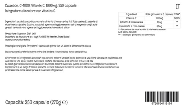 Swanson, C-1000, Vitamine C (Acide Ascorbique), 1000mg, avec Églantier, 250 Capsules, Hautement Dosé, Testé en Laboratoire, Sans Soja, Sans Gluten, Sans OGM – Image 6