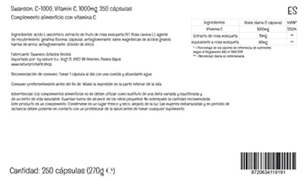 Swanson, C-1000, Vitamine C (Acide Ascorbique), 1000mg, avec Églantier, 250 Capsules, Hautement Dosé, Testé en Laboratoire, Sans Soja, Sans Gluten, Sans OGM – Image 7