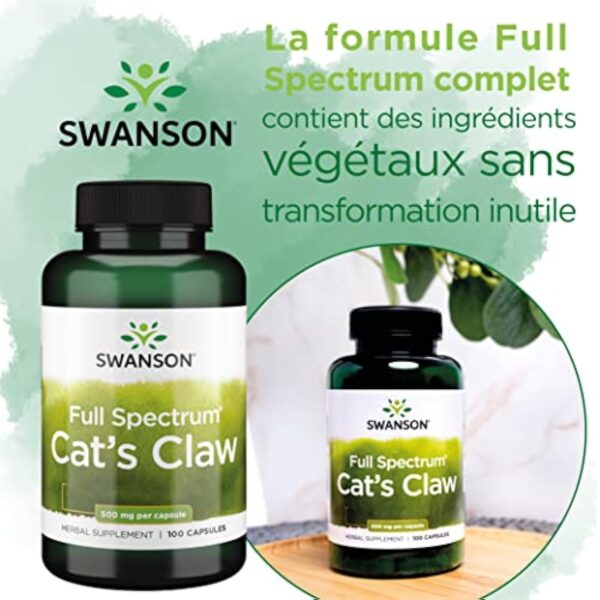 Swanson, Cat's Claw (Griffe de Chat), 500mg, 120 Capsules, Hautement Dosé, Testé en Laboratoire, Sans Soja, Sans Gluten, Sans OGM – Image 4