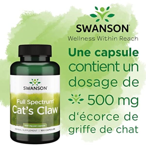 Swanson, Cat's Claw (Griffe de Chat), 500mg, 120 Capsules, Hautement Dosé, Testé en Laboratoire, Sans Soja, Sans Gluten, Sans OGM – Image 6