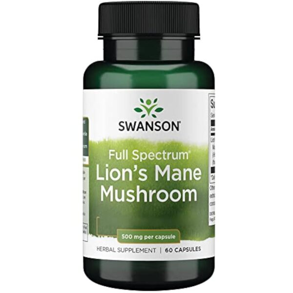 Swanson, Full Spectrum Lion's Mane Mushroom (Champignon Hericium Erinaceus), 500mg, 60 Capsules, Testé en Laboratoire, Sans Soja, Sans Gluten, Sans OGM