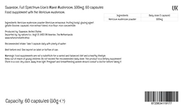 Swanson, Full Spectrum Lion's Mane Mushroom (Champignon Hericium Erinaceus), 500mg, 60 Capsules, Testé en Laboratoire, Sans Soja, Sans Gluten, Sans OGM – Image 4