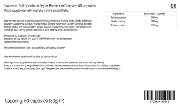 Swanson, Full Spectrum Triple Mushroom Complex (Complexe de Champignons Triple), Maitake Reishi Shiitake, 60 Capsules, Testé en Laboratoire, Sans Soja, Sans Gluten, Sans OGM – Image 4