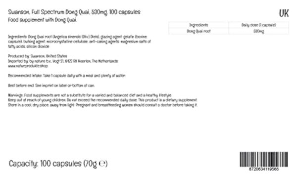 Swanson, Full Spectrum Dong Quai Root (Racine de Dong Quai), 530mg, 100 Capsules, Testé en Laboratoire, Sans Soja, Sans Gluten, Sans OGM – Image 4