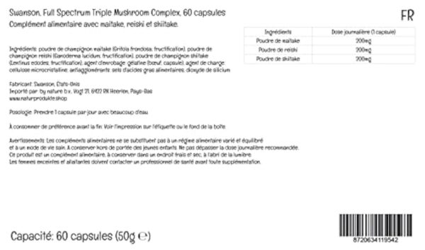 Swanson, Full Spectrum Triple Mushroom Complex (Complexe de Champignons Triple), Maitake Reishi Shiitake, 60 Capsules, Testé en Laboratoire, Sans Soja, Sans Gluten, Sans OGM – Image 5