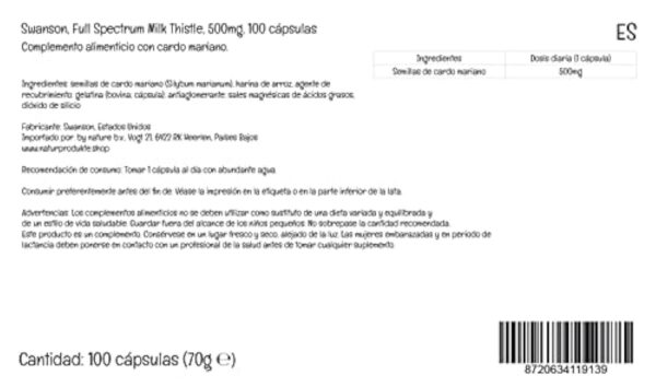 Swanson, Full Spectrum Milk Thistle (Chardon-Marie), 500mg, 100 Capsules, Testé en Laboratoire, Sans Soja, Sans Gluten, Sans OGM – Image 7