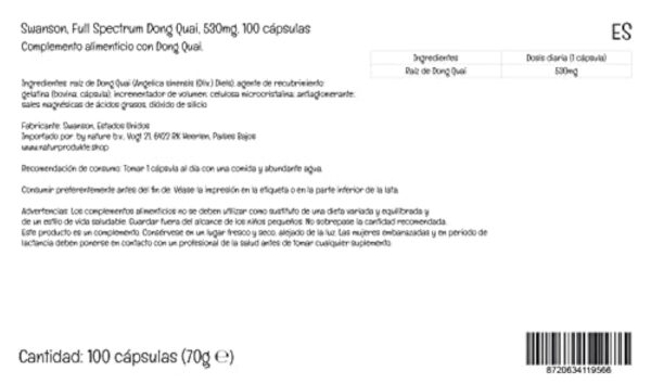 Swanson, Full Spectrum Dong Quai Root (Racine de Dong Quai), 530mg, 100 Capsules, Testé en Laboratoire, Sans Soja, Sans Gluten, Sans OGM – Image 7