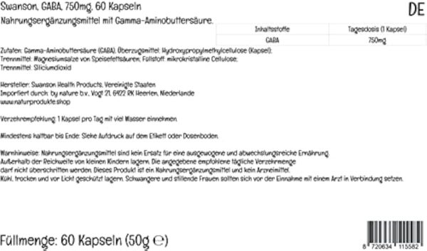 Swanson, GABA (Acide Gamma-Aminobutyrique), 750mg, Hautement Dosé, 60 Capsules végétaliennes, Testé en Laboratoire, Végétarien, Sans Soja, Sans Gluten, Sans OGM – Image 3