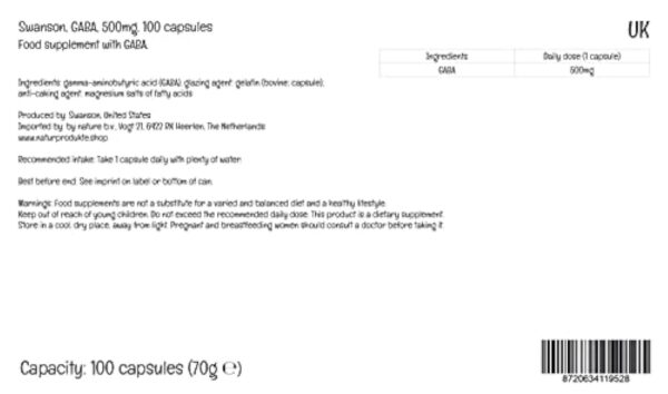Swanson, GABA (Acide Gamma-Aminobutyrique), 500mg, Haute Dosé, 100 Capsules, Testé en Laboratoire, Sans Soja, Sans Gluten, Sans OGM – Image 4
