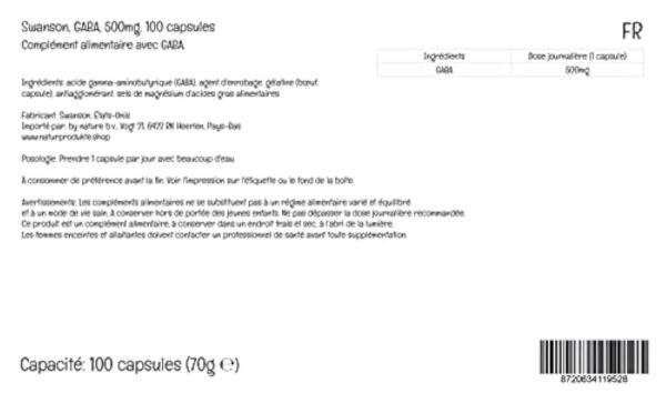 Swanson, GABA (Acide Gamma-Aminobutyrique), 500mg, Haute Dosé, 100 Capsules, Testé en Laboratoire, Sans Soja, Sans Gluten, Sans OGM – Image 5