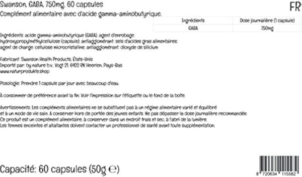 Swanson, GABA (Acide Gamma-Aminobutyrique), 750mg, Hautement Dosé, 60 Capsules végétaliennes, Testé en Laboratoire, Végétarien, Sans Soja, Sans Gluten, Sans OGM – Image 5