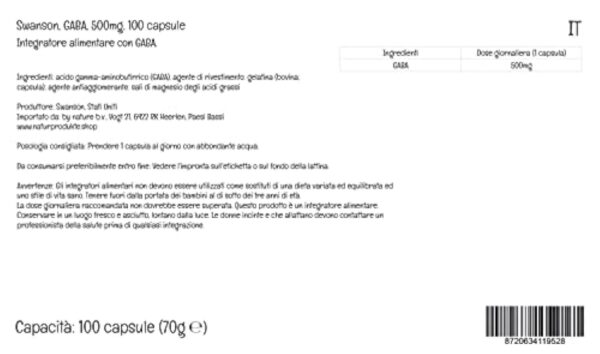 Swanson, GABA (Acide Gamma-Aminobutyrique), 500mg, Haute Dosé, 100 Capsules, Testé en Laboratoire, Sans Soja, Sans Gluten, Sans OGM – Image 6