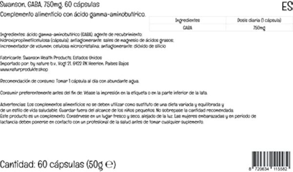 Swanson, GABA (Acide Gamma-Aminobutyrique), 750mg, Hautement Dosé, 60 Capsules végétaliennes, Testé en Laboratoire, Végétarien, Sans Soja, Sans Gluten, Sans OGM – Image 7