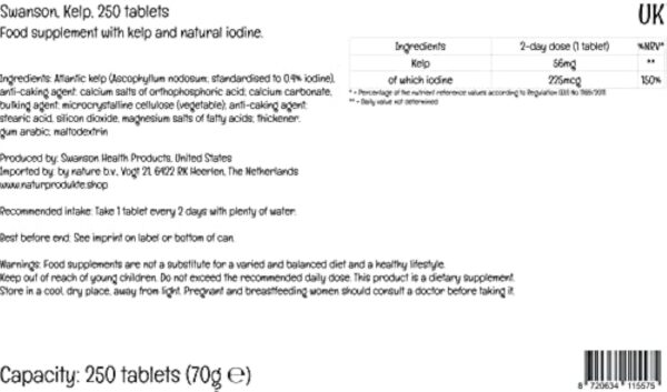 Swanson, Kelp, avec Iode Naturel, 250 Capsules végétaliennes, Hautement Dosées, Testées en Laboratoire, Végétariennes, Sans Soja, Sans Gluten, Sans OGM – Image 3
