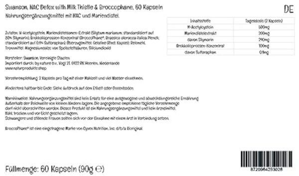 Swanson, NAC Detox with Milk Thistle (Chardon-Marie), avec Pousses de Brocoli et Sulforaphane, 60 Capsules, Haute Dosé, Testé en Laboratoire, Sans Soja, Sans Gluten, Sans OGM – Image 3