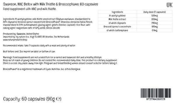 Swanson, NAC Detox with Milk Thistle (Chardon-Marie), avec Pousses de Brocoli et Sulforaphane, 60 Capsules, Haute Dosé, Testé en Laboratoire, Sans Soja, Sans Gluten, Sans OGM – Image 7