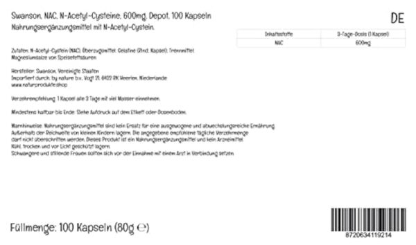 Swanson, NAC N-Acetyl-Cysteine, 600mg, Dépôt, 1 Capsule tous les 3 Jours, 100 Capsules, Hautement Dosé, Testé en Laboratoire, Sans Soja, Sans Gluten, Sans OGM – Image 3