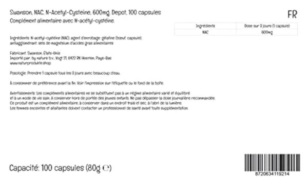 Swanson, NAC N-Acetyl-Cysteine, 600mg, Dépôt, 1 Capsule tous les 3 Jours, 100 Capsules, Hautement Dosé, Testé en Laboratoire, Sans Soja, Sans Gluten, Sans OGM – Image 5