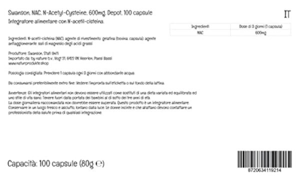 Swanson, NAC N-Acetyl-Cysteine, 600mg, Dépôt, 1 Capsule tous les 3 Jours, 100 Capsules, Hautement Dosé, Testé en Laboratoire, Sans Soja, Sans Gluten, Sans OGM – Image 6