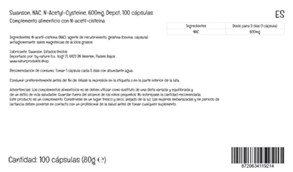 Swanson, NAC N-Acetyl-Cysteine, 600mg, Dépôt, 1 Capsule tous les 3 Jours, 100 Capsules, Hautement Dosé, Testé en Laboratoire, Sans Soja, Sans Gluten, Sans OGM – Image 7