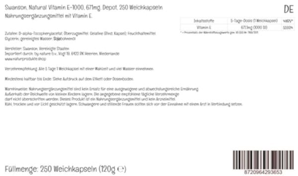 Swanson, Natural E-1000, Vitamine E Haute Dosée, 1000 UI, Dépôt, 1 Capsule tous les 5 Jours, 250 Capsules molles, Testé en Laboratoire, Sans Gluten, Sans OGM – Image 3